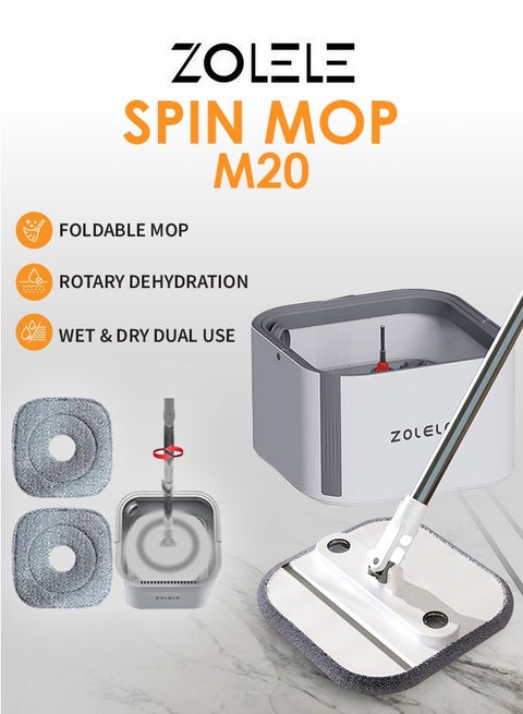 Spin Mop Bucket Set, 360° Rotaing Mop with Self Separation Clean and Dirty Water System, Easy to Wring Floor,Mop With Detachable Mop Head, Suitable for Different Materials Floor Cleaning  M20-Grey