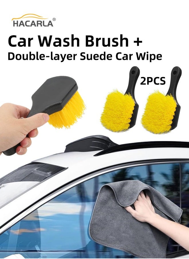 HACARLA 1 Pcs Microfiber Car Drying Towels Cleaning Cloth Double-Sided Velvet Water Absorption Soft  And 2 Pcs Wheel Tire Brush Car Rim Cleaner Kit for Auto Motorcycles Bicycles  - Image 1