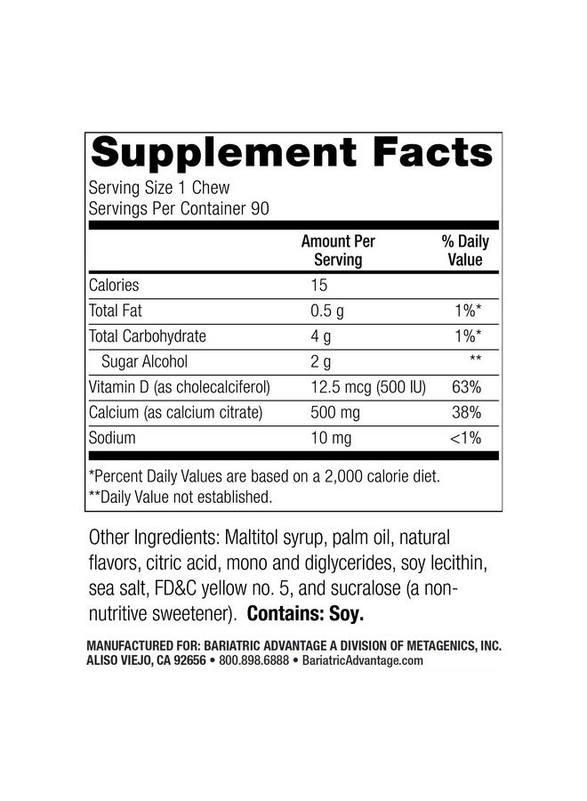 بارياتيك أدفانتج أقراص سيترات الكالسيوم من بارياتريك أدفانتج، ٥٠٠ ملغ، قابلة للمضغ - لمرضى جراحة السمنة - فيتامين د٣ - مكمل كالسيوم قابل للمضغ خالٍ من السكر - أقراص كالسيوم بارياتريك للمضغ - أناناس ومانجو - ٩٠ قرصًا - Image 1