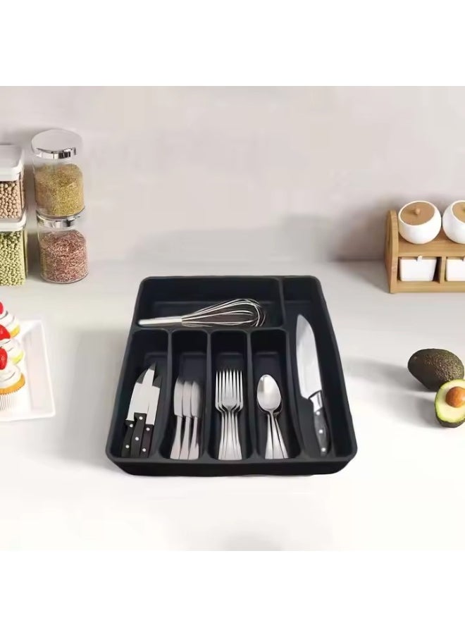 DUNISO 5-grid black cutlery drawer organizer, cutlery tray, cutlery storage box, used for storing spoons, forks, and knives  - Image 1