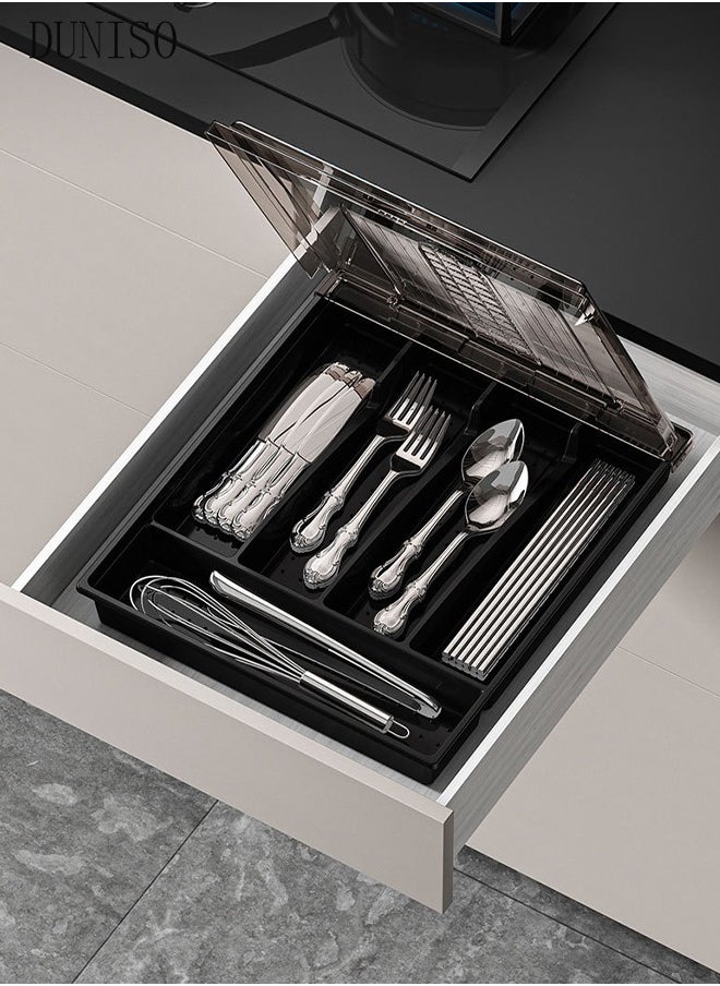 DUNISO - 5-grid black cutlery drawer organizer, cutlery tray, cutlery storage box, used for storing spoons, forks, and knives - Image 1