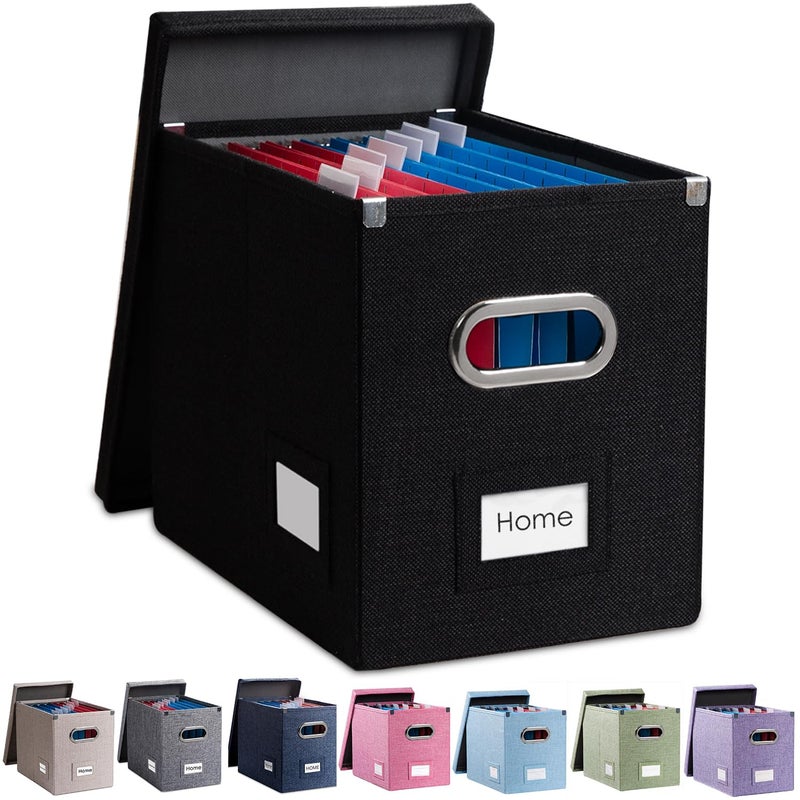 PRANDOM File Organizer Box Set of 1 Collapsible Decorative Linen Filing Storage Hanging File Folders with Lids Office Cabinet Letter Size Black 14x93x108 inch