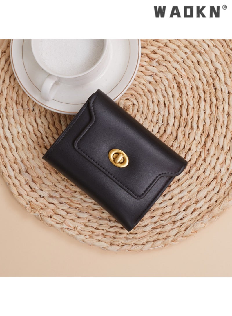 WAOKN Women's Fashionable Triple-Fold Short Wallet with Metal Buckle, Simple yet Stylish PU Card Holder & Coin Purse, Niche Selection  - Image 1