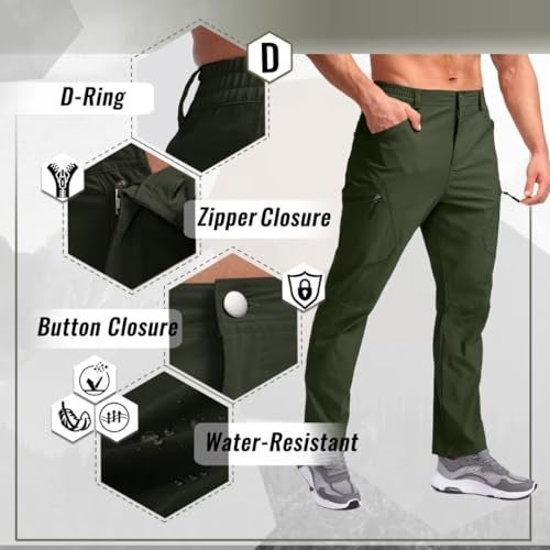 Pudolla Men's Lightweight Hiking Pants with 3 Zipper Pockets Quick Dry Water Resistant Fishing Travel Pants Olive S - Image 3