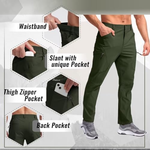 Pudolla Men's Lightweight Hiking Pants with 3 Zipper Pockets Quick Dry Water Resistant Fishing Travel Pants Olive S - Image 4