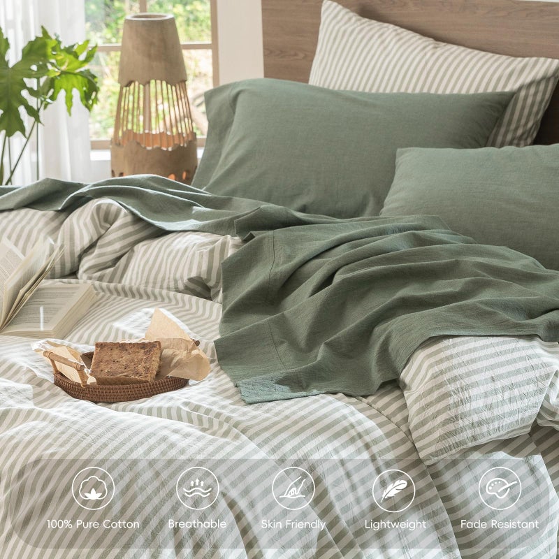MooMee Bedding Sheet Set 100% Washed Cotton Linen Like Textured Breathable Durable Soft Comfy (Heathered Green, King) - Image 4