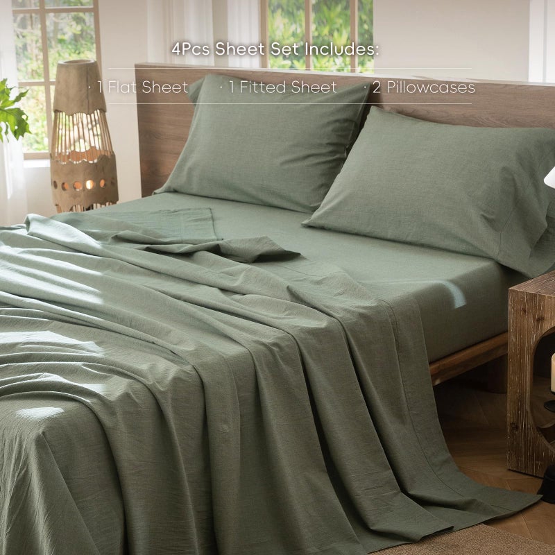 MooMee Bedding Sheet Set 100% Washed Cotton Linen Like Textured Breathable Durable Soft Comfy (Heathered Green, King) - Image 2