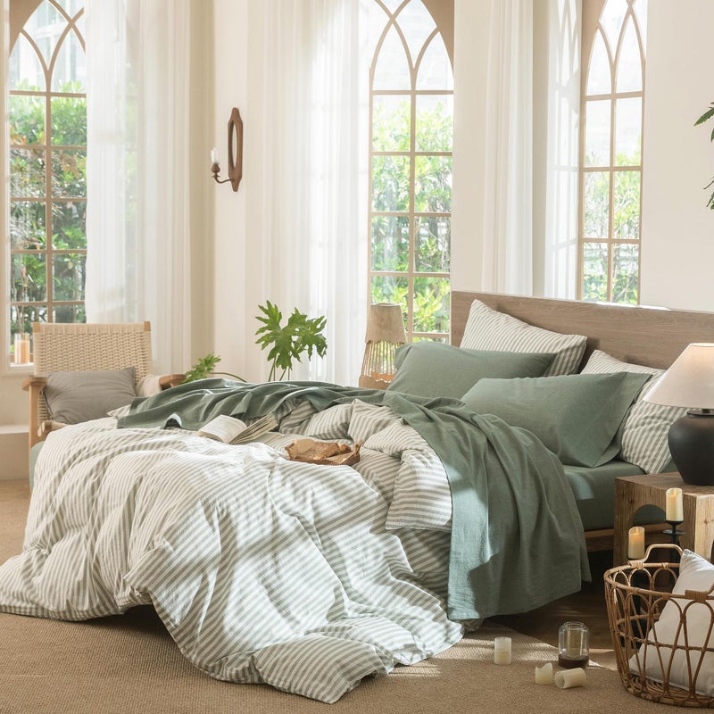 MooMee Bedding Sheet Set 100% Washed Cotton Linen Like Textured Breathable Durable Soft Comfy (Heathered Green, King) - Image 3