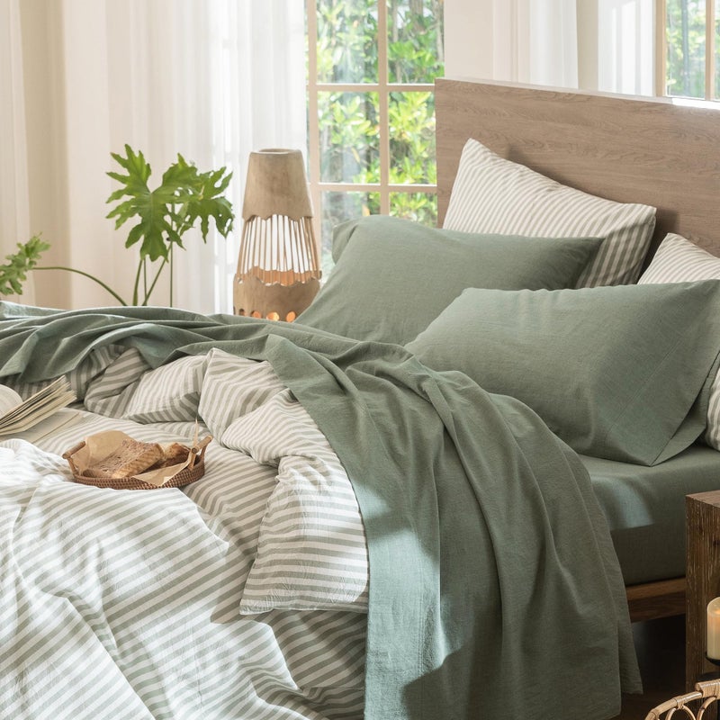 MooMee Bedding Sheet Set 100% Washed Cotton Linen Like Textured Breathable Durable Soft Comfy (Heathered Green, King) - Image 1