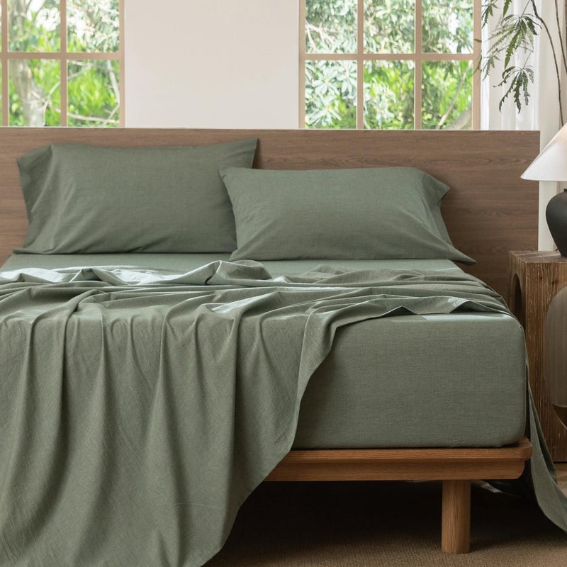 MooMee Bedding Sheet Set 100% Washed Cotton Linen Like Textured Breathable Durable Soft Comfy (Heathered Green, King) - Image 5