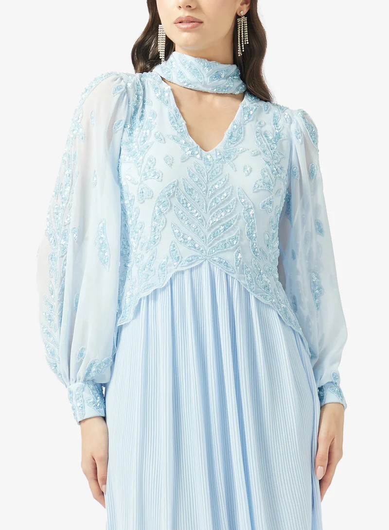 Frock And Frill  Embellished Neck Band Puff Sleeve Maxi Dress for Women | Best Price UAE