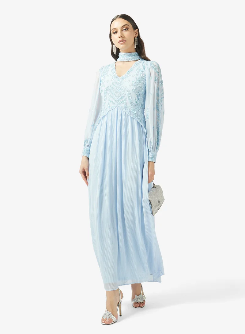 Frock And Frill  Embellished Neck Band Puff Sleeve Maxi Dress for Women | Best Price UAE