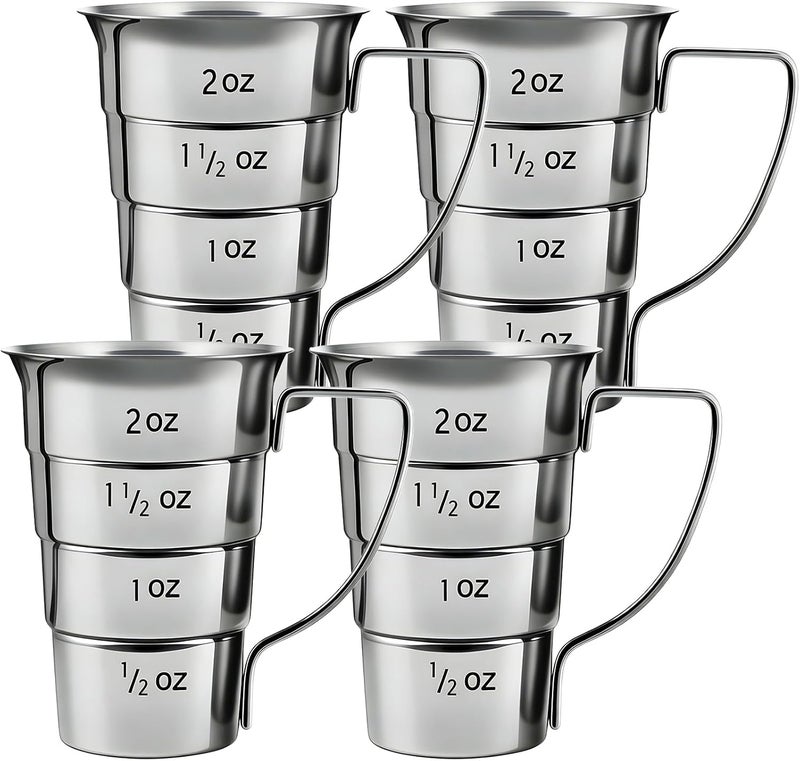 ELFULLY 4 Pieces Stepped Jiggers with Handle, 2 oz Cocktail Jigger for Bartending, 304 Stainless Steel Liquor Measuring Cups, Shot Measure Cup for Bar Supplies Restaurant, Dishwasher Safe, Silver - Image 1