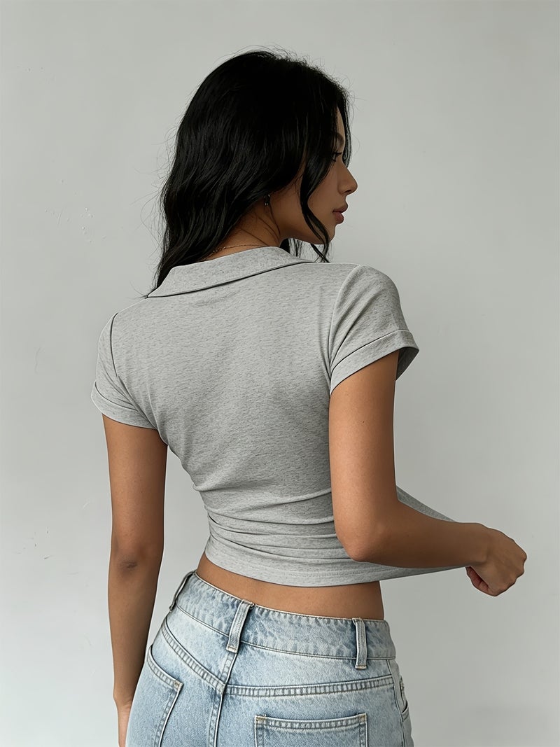 American Vintage Collared Shirt, Trendy Women'S Minimalist Fitted Short - Sleeve Polo Style, Flattering Slim - Fit T - Shirt for Women, - Light Grey / XS - Image 2