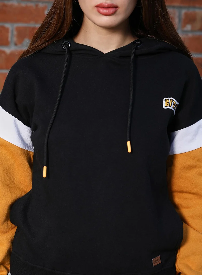 Campus Sutra Women's Mustard Yellow & Onyx Black Relaxed Block Pullover Hoodie