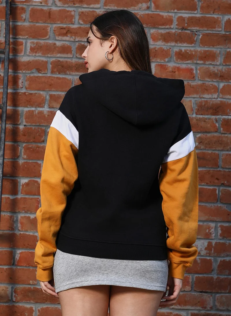 Campus Sutra Women's Mustard Yellow & Onyx Black Relaxed Block Pullover Hoodie