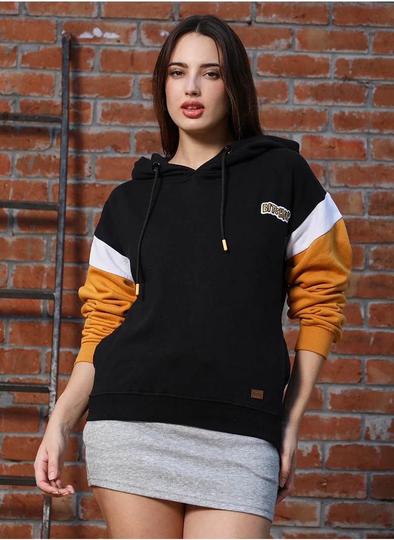 Campus Sutra Women's Mustard Yellow & Onyx Black Relaxed Block Pullover Hoodie