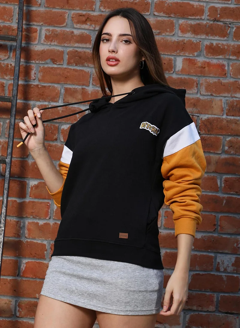 Campus Sutra Women's Mustard Yellow & Onyx Black Relaxed Block Pullover Hoodie
