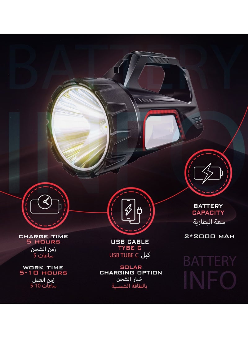Rafeed Portable Searchlight, Dual Light Source 10W+10W, 500lm+300lm, IPX5 Waterproof, ABS+PC Material, Type-C Charging, 85x85x200mm, White/Grey - Image 4