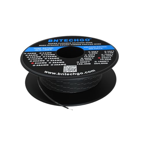 BNTECHGO 24 Gauge Silicone Wire Spool 250 ft Black Flexible 24 AWG Stranded Tinned Copper Wire - Image 1