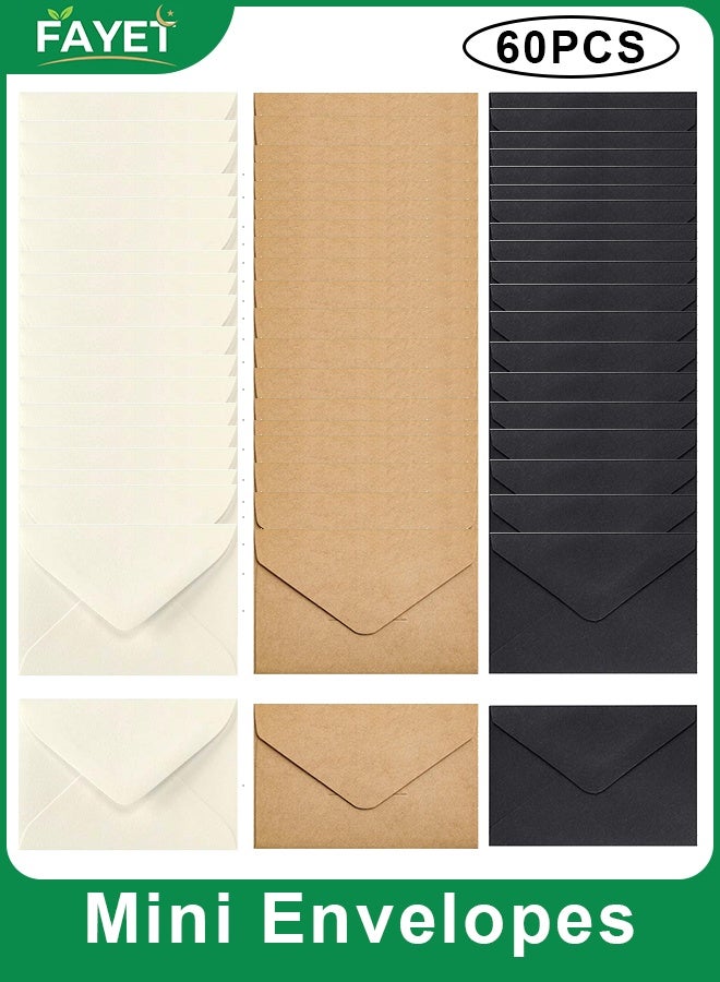 FAYET 60 Pack Mini Kraft Envelopes 7×10.5 cm, Small Blank Envelopes in 3 Colors, Gift Card Envelopes for Weddings, Invitations, Cash, Business Cards (60 PCS, Black & Brown & White) - Image 1