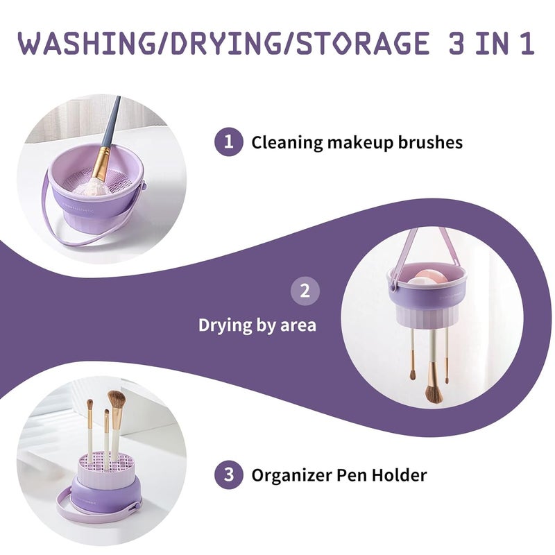 WROPZO Makeup Brush Cleaner Mat3 in 1 Makeup Brush Cleaning BowlPortable Makeup Brush Cleaning and Scrubbing Tool with Organizer and Brush Drying ShelfPurple - Image 2