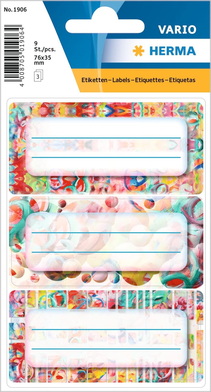 HERMA 1906 Book Labels for Writing on Painting, 9 Pieces, 76 x 35 mm, Self-Adhesive Lined Book Stickers for School, Kids, Girls, Boys, Multicolour Book Labels Stickers, Colourful - Image 1