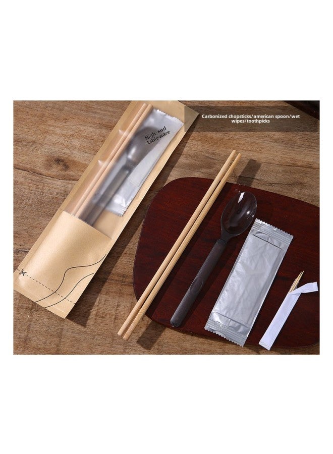Disposable Tableware Bag High-grade Cowhide Chopsticks Take-out Commercial Four-in-One Meal Bag Disposable Chopsticks Four-piece Set-Color:Carbonized Chopsticks + American Spoon + Wet Wipes + Toothpicks - Image 1