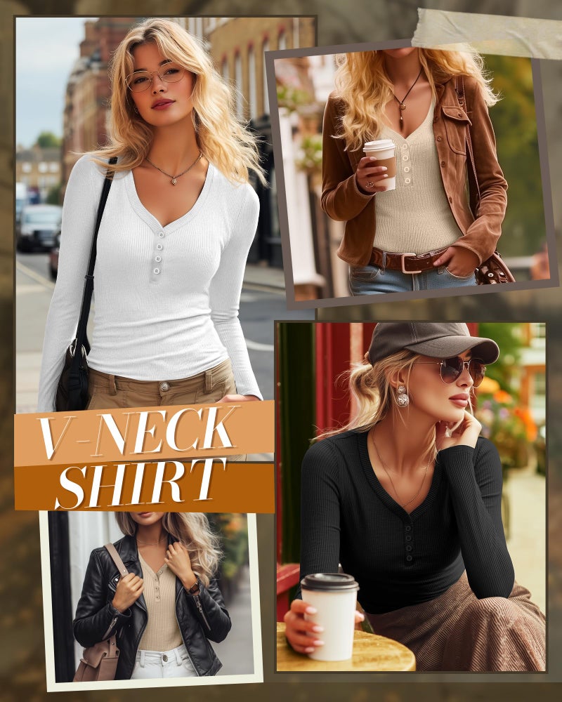 Huukeay 3 Pack Women's Ribbed Henley Long Sleeve Shirts, Button V Neck Tunic Tops Slim Fit Casual Soft Basic Knit Tee Blouse(Black, White, Khaki,M) - Image 2