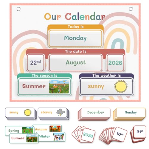 AKAYOK Classroom Calendar Pocket Chart with 70 Cards - Circle Time Calendar 2024-2028 with 2 Storage Pockets, Kids Calendar Perfect for Preschool and Homeschool Learning - Image 1