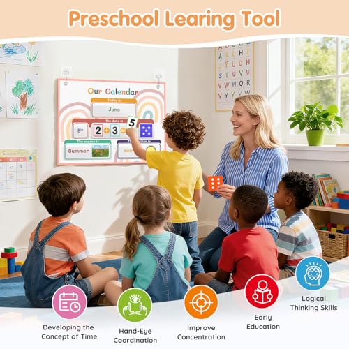 AKAYOK Classroom Calendar Pocket Chart with 70 Cards - Circle Time Calendar 2024-2028 with 2 Storage Pockets, Kids Calendar Perfect for Preschool and Homeschool Learning - Image 2