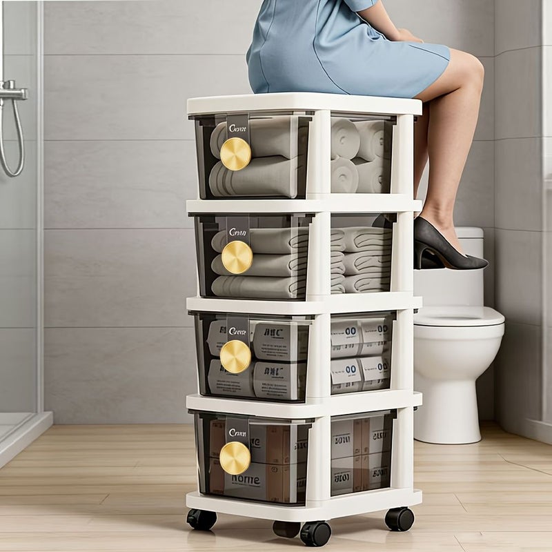 Transparent 4 Layer Foldable Rolling Bathroom Storage Cart With Wheels - Image 5