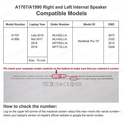Nockchawon Right and Left Internal Speaker Replacement for MacBook Pro 15" A1707 2016 2017 A1990 2018 2019 Loudspeaker Subwoofer Retina with Touch Bar（1 Pairs） - Image 3