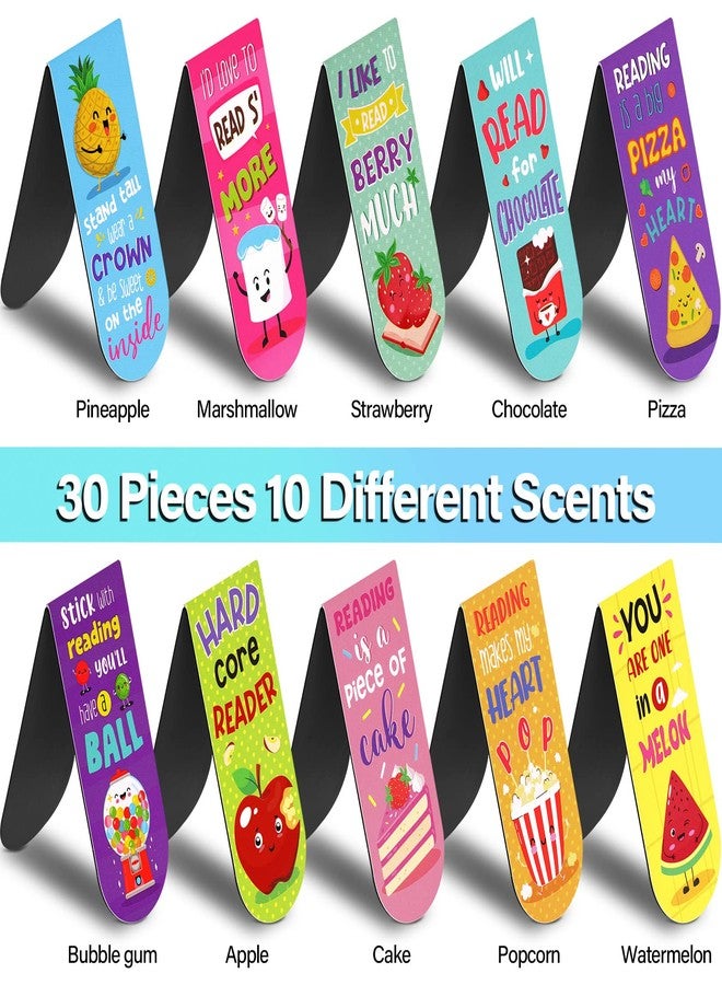 Fainne 30 Pieces Assorted Scented Magnetic Bookmarks Scratch and Cute Sniff Fruit Food Theme Bookmarks Encouraging Sayings Book Tag 10 Styles(Classic) - Image 3
