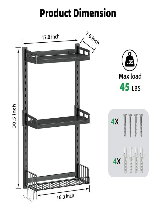 Kalrin 3 Tier Bathroom Shelves Over Toilet - Wall Mounted Floating Shelves with Drain Basket, Toilet Paper Storage, Height Adjustable Over The Toilet Storage, Pure Black - Image 2