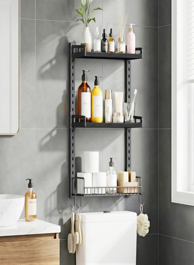 Kalrin 3 Tier Bathroom Shelves Over Toilet - Wall Mounted Floating Shelves with Drain Basket, Toilet Paper Storage, Height Adjustable Over The Toilet Storage, Pure Black - Image 1