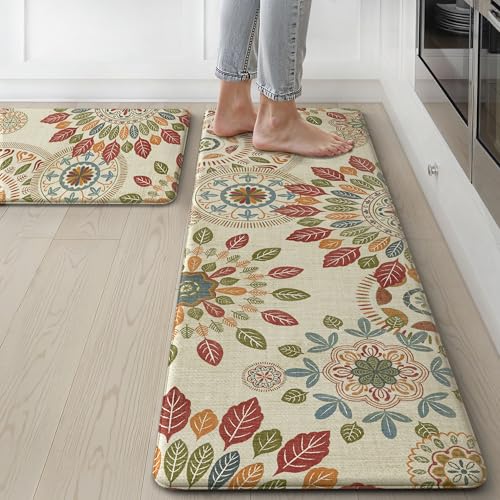 GENIMO Kitchen Mats for Floor 2PCS, Cushioned Kitchen Rugs Non Slip Washable, Farmhouse Anti Fatigue Mat Waterproof, Comfort Standing Mat Rug for Office, Home, Laundry, 17.3"x47"+17.3"x30", Beige&Red - Image 1