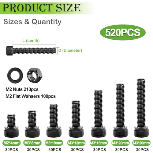 mxuteuk M2 Screws Assortment,M2 x 4/6/8/10/12/16/20mm Hex Socket Head Cap Screws Bolts Nuts Kit, 520PCS 12.9 Grade Alloy Steel Assorted Screws Small Metric Screws Suitable for 3D Printer DIY - Image 2