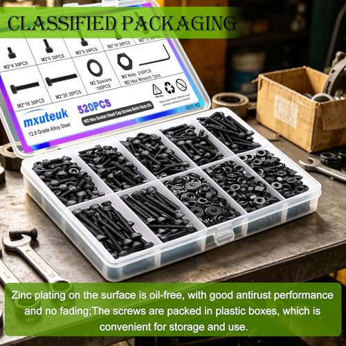 mxuteuk M2 Screws Assortment,M2 x 4/6/8/10/12/16/20mm Hex Socket Head Cap Screws Bolts Nuts Kit, 520PCS 12.9 Grade Alloy Steel Assorted Screws Small Metric Screws Suitable for 3D Printer DIY - Image 3