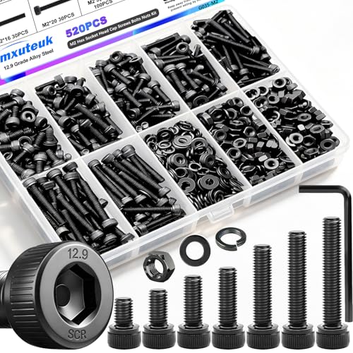 mxuteuk M2 Screws Assortment,M2 x 4/6/8/10/12/16/20mm Hex Socket Head Cap Screws Bolts Nuts Kit, 520PCS 12.9 Grade Alloy Steel Assorted Screws Small Metric Screws Suitable for 3D Printer DIY - Image 1