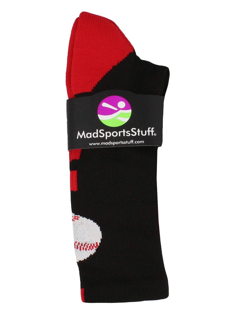 MadSportsStuff Baseball Logo Crew Socks (Black/Red, Small) - Image 2