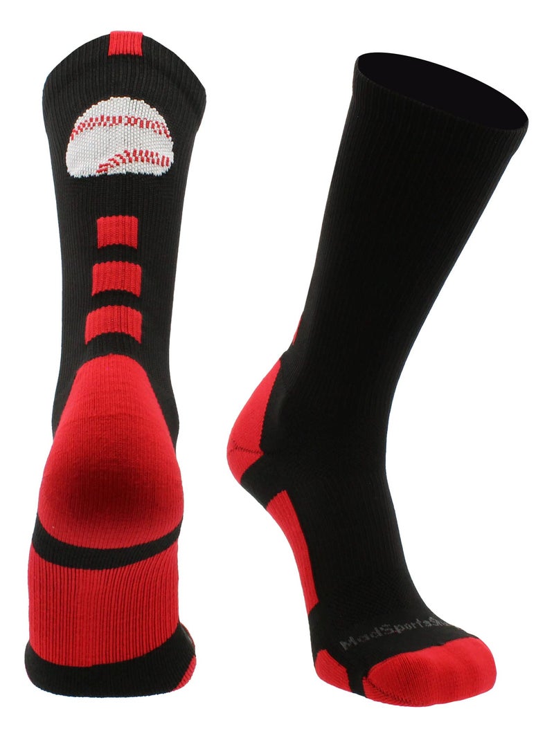 MadSportsStuff Baseball Logo Crew Socks (Black/Red, Small) - Image 1