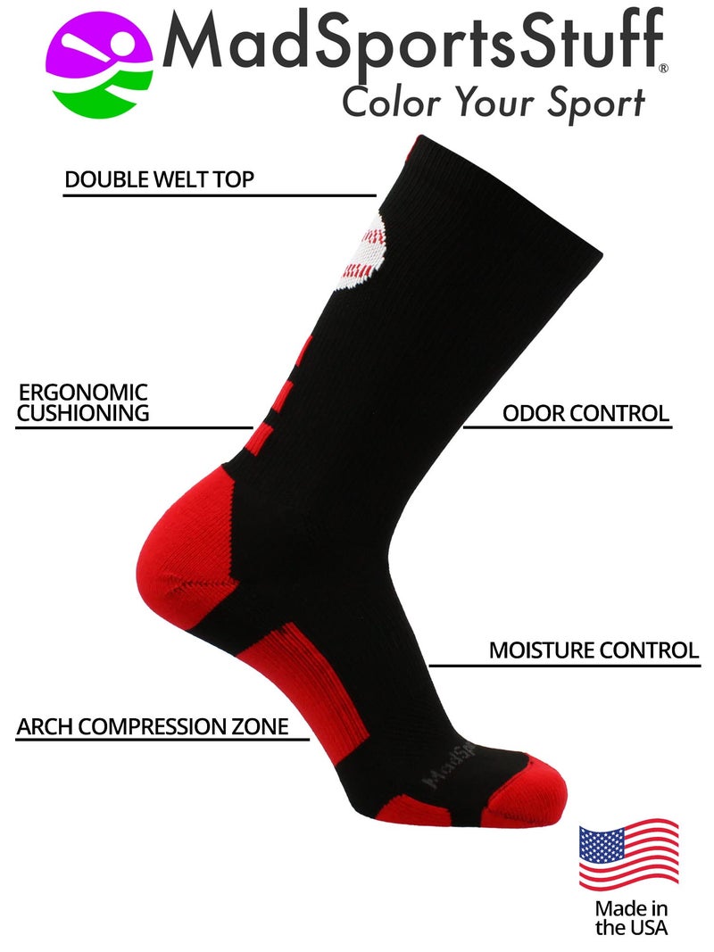 MadSportsStuff Baseball Logo Crew Socks (Black/Red, Small) - Image 3