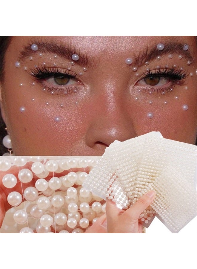 White Pearl Eyes Face 3D Self Adhesive Nail Rhinestones Temporary Tattoo Gems Dots Jewelry DIY Body Art Accessories Festival Decorations 4 Sheets
