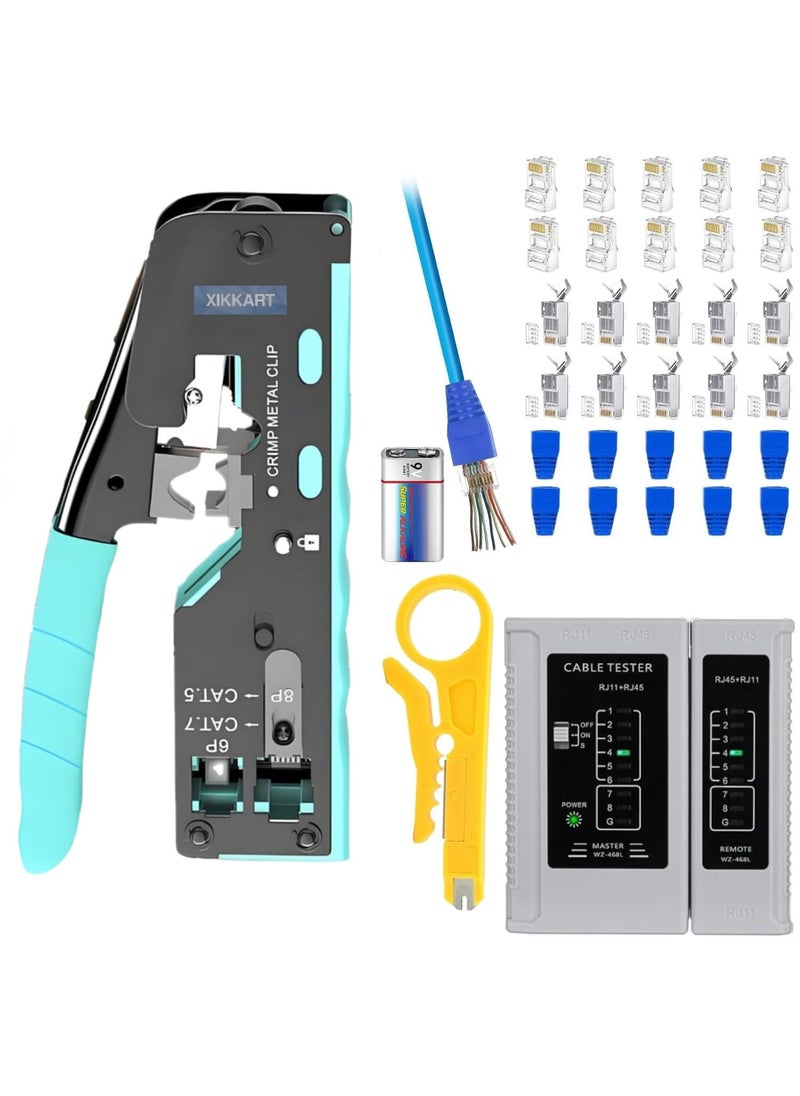 XIKKART XIKKART RJ45 Crimping Tool Kit Passthrough Cat7 Cat6A Cat6 Cat5E Cat5 RJ45 Ethernet Crimp Tool with 10PCS Cat7 Pass Through Connectors 10PCS Cat6 Pass Through Connectors 10PCS Covers Combo Kit  - Image 1