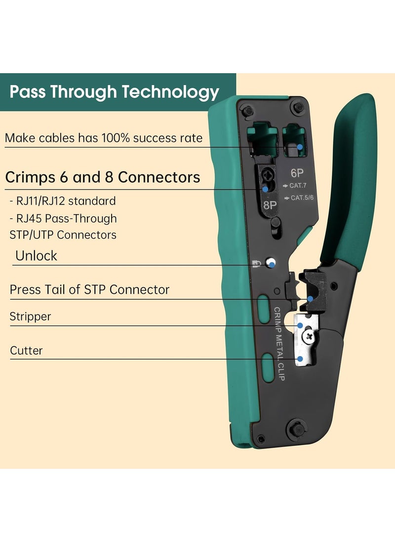 XIKKART XIKKART RJ45 Crimping Tool Kit Passthrough Cat7 Cat6A Cat6 Cat5E Cat5 RJ45 Ethernet Crimp Tool with 10PCS Cat7 Pass Through Connectors 10PCS Cat6 Pass Through Connectors 10PCS Covers Combo Kit  - Image 5