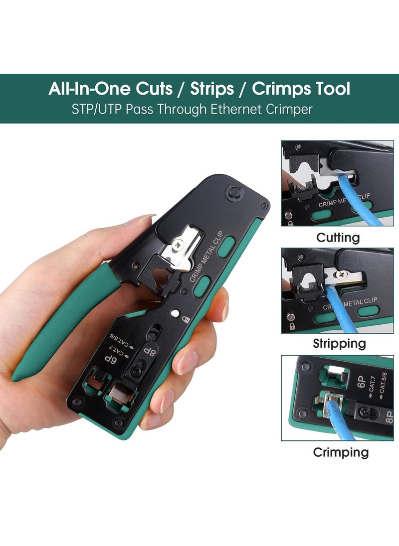 XIKKART XIKKART RJ45 Crimping Tool Kit Passthrough Cat7 Cat6A Cat6 Cat5E Cat5 RJ45 Ethernet Crimp Tool with 10PCS Cat7 Pass Through Connectors 10PCS Cat6 Pass Through Connectors 10PCS Covers Combo Kit  - Image 2