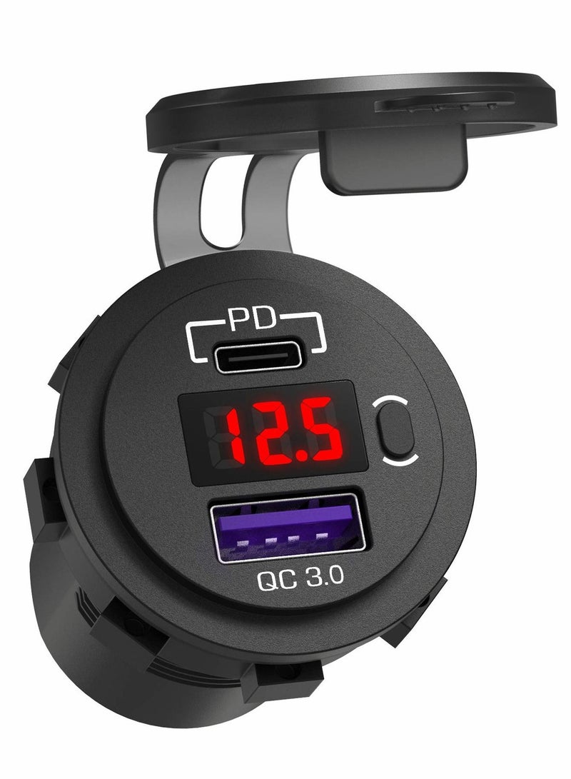 SYOSI Car Quick Charger Socket, Dual PD & QC 3.0 Ports 12V USB Car Outlet Adapter with Button Switch Voltage Display Lid 60cm Cable for Car Boat Marine Bus Golf Cart RV Motorcycle (Red Light) - Image 1