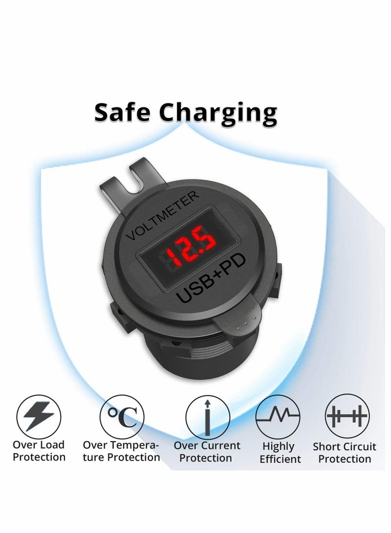 SYOSI Car Quick Charger Socket, Dual PD & QC 3.0 Ports 12V USB Car Outlet Adapter with Button Switch Voltage Display Lid 60cm Cable for Car Boat Marine Bus Golf Cart RV Motorcycle (Red Light) - Image 2