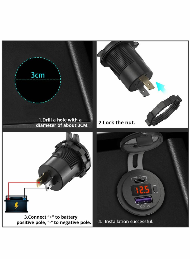 SYOSI Car Quick Charger Socket, Dual PD & QC 3.0 Ports 12V USB Car Outlet Adapter with Button Switch Voltage Display Lid 60cm Cable for Car Boat Marine Bus Golf Cart RV Motorcycle (Red Light) - Image 3